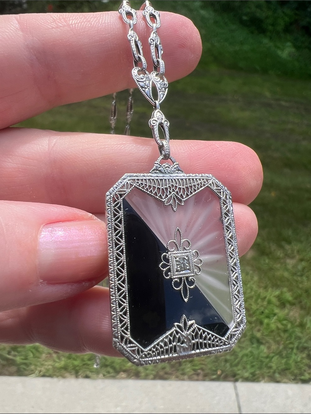 Antique Art Deco Sterling Silver Yin Yang Black Onyx Camphor Glass Necklace